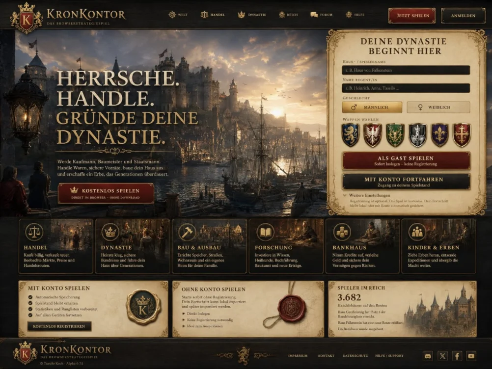 Startseite des Browserstrategiespiels KronKontor