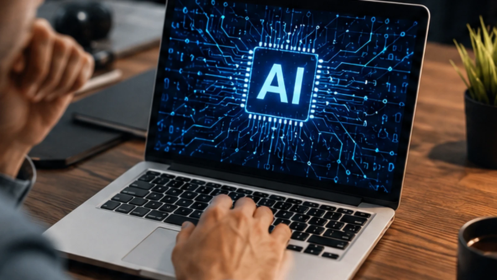 Nachdenkliche Person vor einem Laptop mit einer Darstellung künstlicher Intelligenz