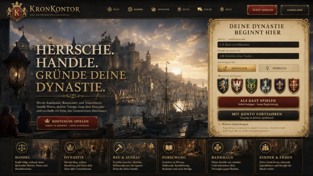 Startseite des Browser-Strategiespiels KronKontor mit mittelalterlicher Hafenstadt, Dynastie-Auswahl und Spielbereichen