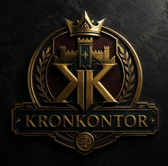 Goldenes KronKontor-Wappen mit Krone, Burg, Waage und Schriftzug